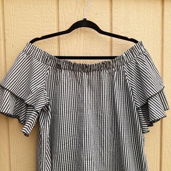 Picnic Gingham Plaid Off The Shoulder Tiered Ruffle Statement Sleeve Top Sz XL - Picture 5 of 11